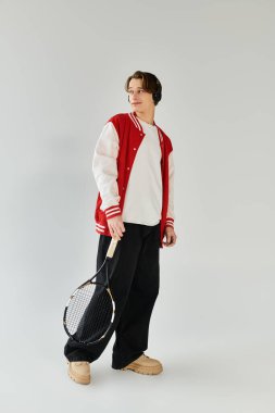 A stylish young man in a bomber jacket holds a tennis racket in a bright studio. clipart