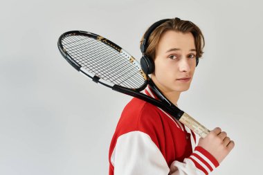 Genç bir adam, elinde tenis raketi olan şık bir bombacı ceketine güveniyor..