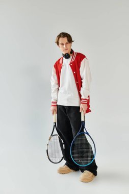 Bombacı ceketli şık bir genç adam kendinden emin bir şekilde tenis raketi tutuyor, gençlik kültürü yayıyor..