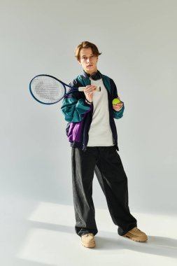 Kendine güvenen genç adam, modern gençlik modasını sergileyen şık bir bombardıman ceketiyle tenis takımını elinde tutuyor..