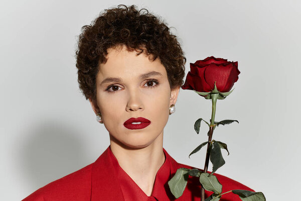 Молодая женщина оглушает в смелый красный наряд, держа ярко-красную розу на нейтральном фоне.