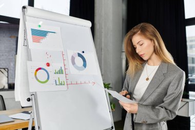 Şık genç kadın, verileri şık bir ofis ortamında sunarken raporları gözden geçiriyor.