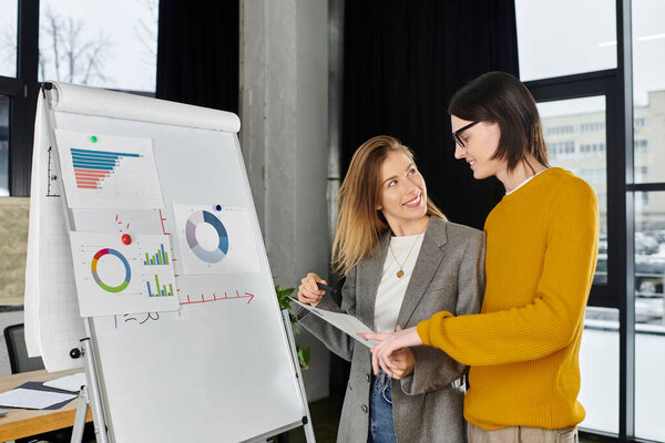 Заинтересованные молодые люди беседуют за красочными картами в современном рабочем пространстве в дневное время.