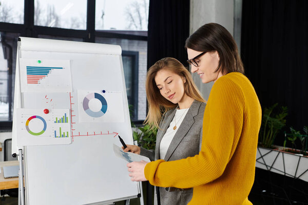 Двое молодых людей участвуют в творческой дискуссии по анализу данных в офисе.