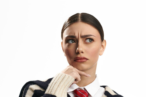 Красивая молодая женщина демонстрирует эмоциональное выражение, находясь глубоко в мыслях, одетая стильно.