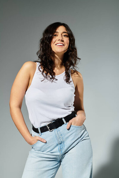 Celebrating beauty and confidence in plus size fashion with a stunning brunette model.