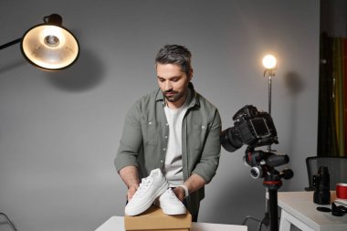 Stüdyoda bir projeye hazırlanırken profesyonel spor ayakkabılarına odaklanmış.