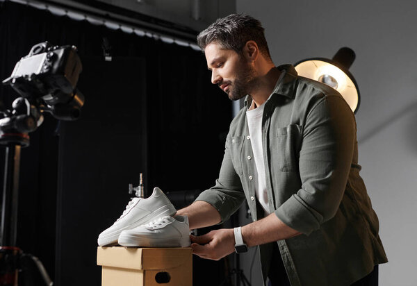 A man carefully arranges white shoes on a box in an artistic studio setting.