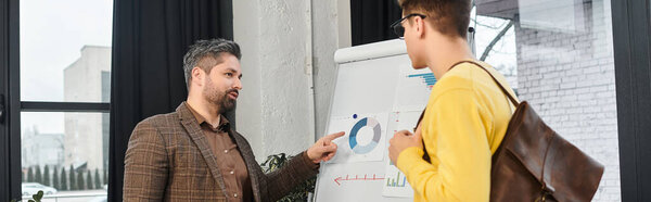 Two colleagues discuss charts and insights during a welcoming onboarding session at work.