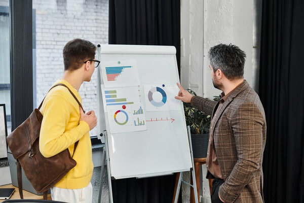 Двое коллег участвуют в сеансе на борту, обсуждая диаграммы и данные в офисном пространстве.