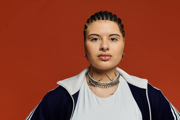 Confident young woman showcases her unique style with bold accessories and an expressive look.