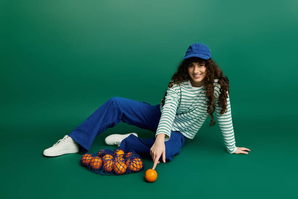 A fashionable woman enjoys a playful moment while pointing at an orange, surrounded by others.