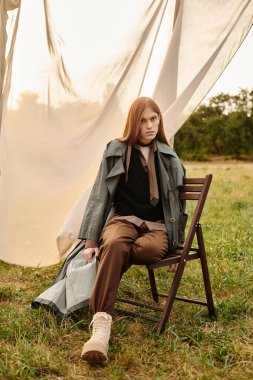 Uzun saçlı genç bir adam, doğayla çevrili bir sandalyeye şık bir şekilde oturur..