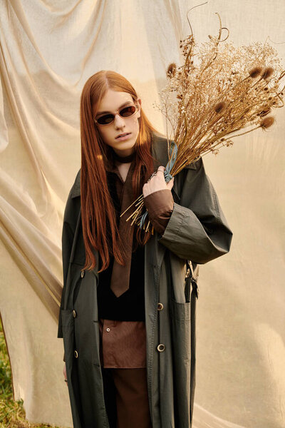 Handsome young man in stylish attire holds dried flowers against a softly toned backdrop in nature.