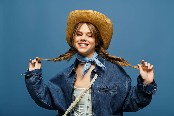 Молодая женщина с косичками игриво позирует в стильной джинсовой куртке, обнимая весенние вибрации.