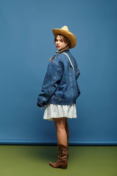 A young woman showcases a trendy denim jacket paired with a white dress, radiating spring vibes.