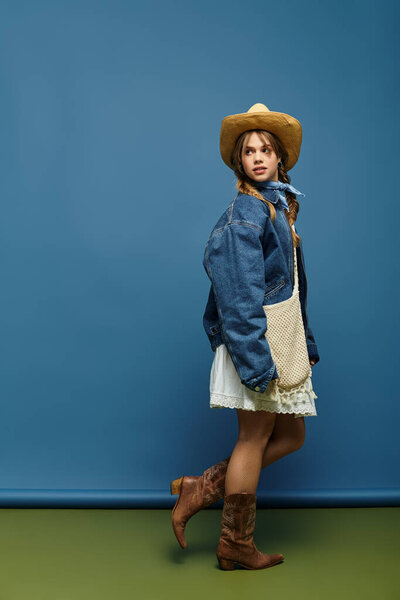 Bright and cheerful spring mood as a young woman poses in a denim jacket, radiating style.