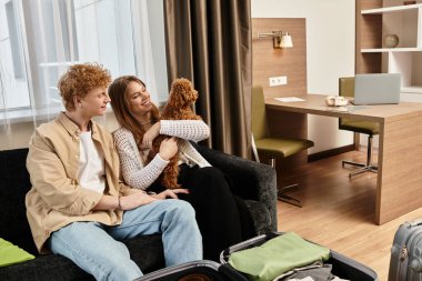Bir çift kanepede rahatlar, köpekleriyle güzel bir otel odasında keyifli dakikalar geçirirler..