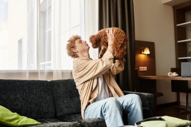 Bir adam otel odasında tüylü arkadaşıyla neşe içinde oynuyor..