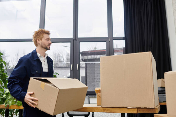 A man carefully carries a cardboard box in a modern office, preparing for a significant move.
