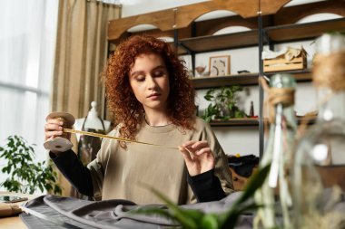 Yetenekli bir zanaatkar, son iç mekan projesinde çalışırken kumaşı dikkatlice ölçer..