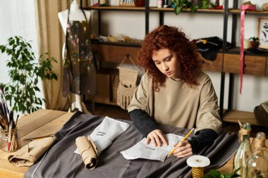 Sanat dolu stüdyosunda yeni bir tasarım yaratmaya odaklanmış genç bir kadın..