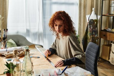 Genç bir kadın rahat stüdyosunda eşsiz bir tasarım üzerinde çalışırken malzemeleri ustalıkla ölçer.