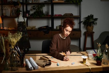 Yetenekli bir kadın, sanat eserlerine dalmış, yaratıcı çalışma alanındaki tasarımlarını kağıda çiziyor.