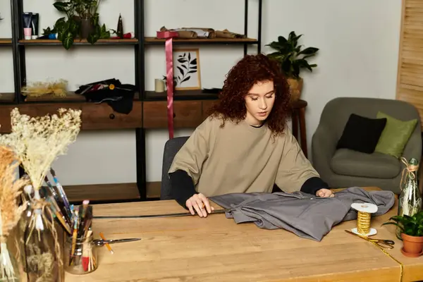 Genç bir kadın, canlı çalışma alanındaki kumaştan eşsiz tasarımlar yapıyor..