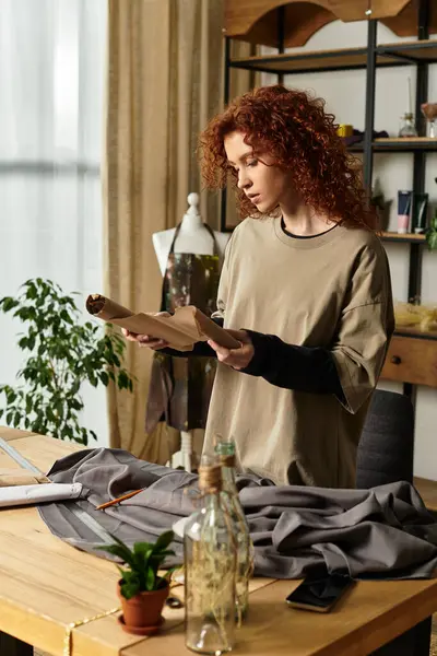 Genç ve güzel bir kadın özel projelerini şık ve ilham verici bir el sanatları odasında keşfediyor..