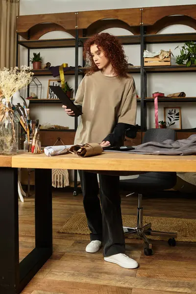 Şık bir zanaat stüdyosunda, genç bir kadın DIY malzemelerini odaklanma ve yaratıcılıkla inceliyor..