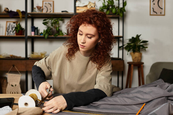 Young beautiful woman skillfully cuts fabric while engaged in an inspiring DIY project at home.