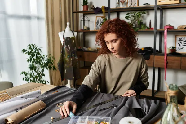 Yaratıcı alanında modern tasarımlar yapan genç bir kadın. Etrafı alet ve malzemelerle çevrili..