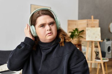 Down sendromlu genç bir kadın evde oturup kulaklıkla müzik dinliyor..