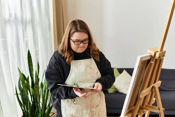 В теплом и уютном доме молодая женщина с синдромом Дауна фокусируется на своем творчестве.