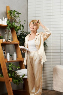 Parlak ve sakin bir ortamda, olgun bir kadın cilt bakımı sırasında dinlenmekten hoşlanır..