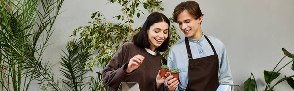 Loving couple joyfully explore their creativity by planting succulents in a lively art studio.