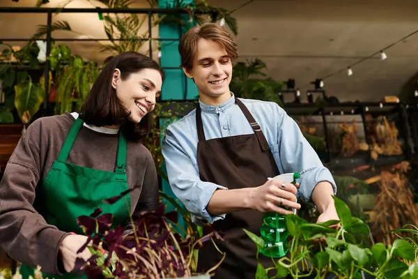 Yaratıcı çift bitkilerle dolu renkli bir stüdyoda iş birliği yapıyor, yaratıcılığı ateşliyor..