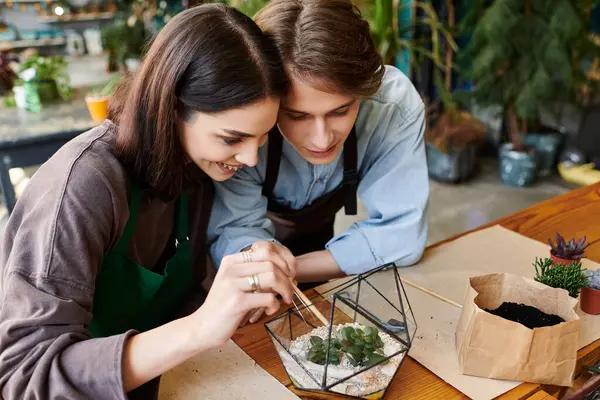 Genç çift canlı, yeşil bir sanat stüdyosunda mutlu bir akvaryum yaratıyor..