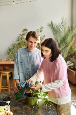 Yaratıcı çift bir proje üzerinde işbirliği yapıyor, bitkileri yetiştirme ve ilhamı paylaşma.