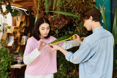 Genç çift, ilham dolu canlı, yeşil bir sanat stüdyosundaki materyalleri ölçüyor..