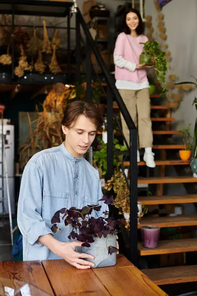 Renkli ve ilham verici bir sanat stüdyosu ortamında bitkileri düzenleyen sevimli bir çift.