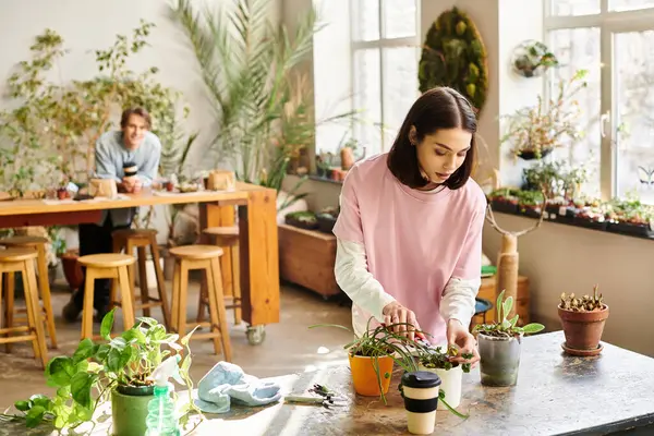 Genç bir kadın, yaratıcılığa daldırılmış saksı bitkileriyle ilgilenirken, bir erkek uzaktan gözlemler..