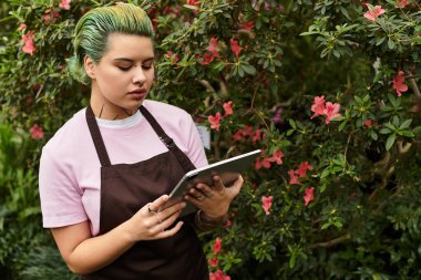 Pembe gömlekli ve önlüklü genç bir kadın bir serada çiçeklerin arasında tablet okuyor..