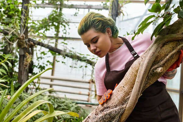 Young woman in a greenhouse nurturing her passion by carefully inspecting a plant.
