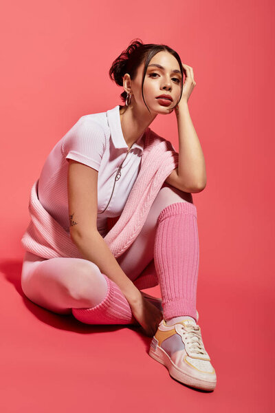 Молодая красивая женщина демонстрирует свой модный наряд и игривое выражение лица в ярко-розовой обстановке.