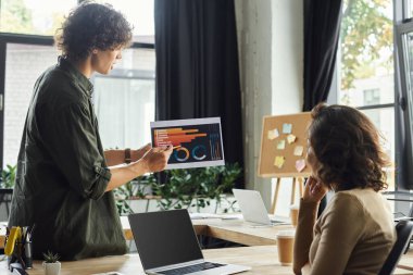 Modern bir ofis toplantısında bir kişi, meslektaşlarıyla yaratıcı bir proje önerisini paylaşıyor..