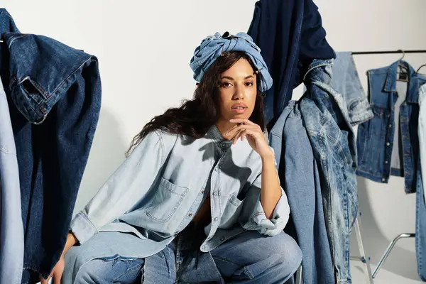 Genç kadın, renkli mevsimlik kıyafet sergileri arasında eşsiz kot elbisesiyle büyüleniyor..