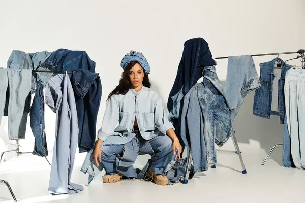 Şık, genç bir kadın şık yaz kot kıyafetleri içinde rahatça poz verir..