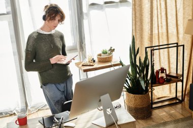 Genç bir adam evinde, bitkilerle ve doğal ışıkla çevrili bir tablet kullanarak dikkatle çalışıyor..